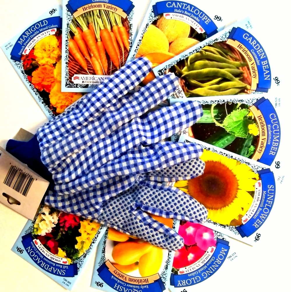 Garden Gloves & 9 packets seeds...veges, flowers,